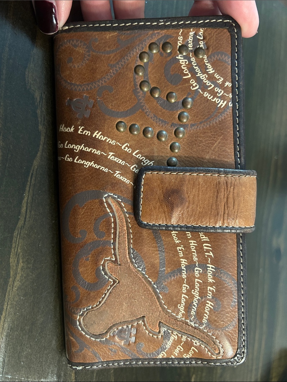 Fossil Brown Tooled Leather Wallet with Brass Stud Accents